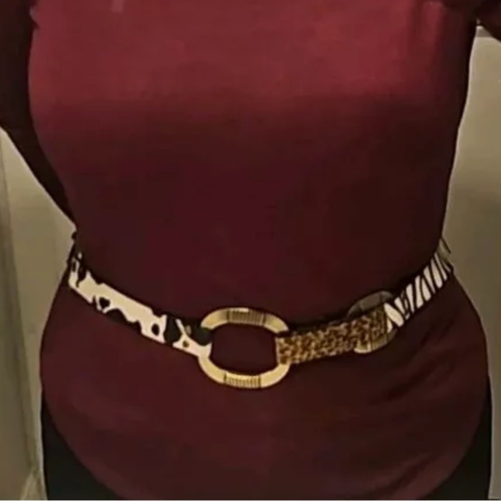 Chico's Leopard Print Ring Metal Adjustable Chain Belt Beige/Tan/Blk.